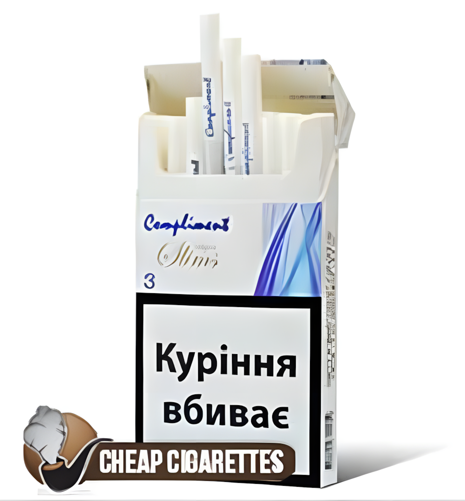 Compliment 3 Super Slims cigarettes, 20-stick box, single pack front view