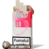 LD Pink Super Slims cigarettes, 20-stick pack, front view of one box