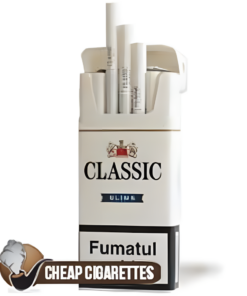Classic Blue Slims cigarettes, 20-stick box, front of a single pack