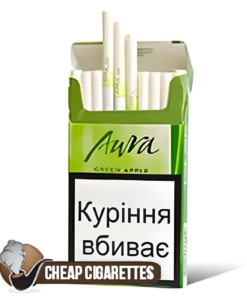 Esse Aura Green Apple Super Slims cigarettes, 20-stick hinge-lid box, front view