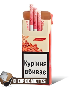 Kiss Strawberry Silver Slims cigarettes, 20-stick hinge-lid box, front view