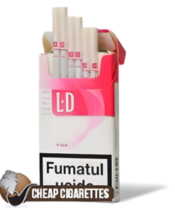 LD Pink Super Slims cigarettes, 20-stick pack, front view of one box