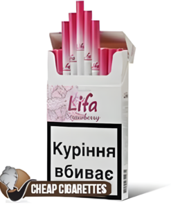 Lifa Strawberry Super Slims cigarettes, 20-stick hinge-lid box, front view