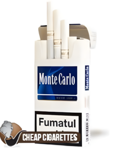Monte Carlo Blue 100's cigarettes, 20-stick hinge-lid box, single pack front view