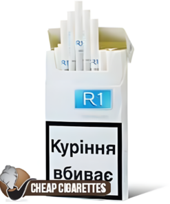R1 White Super Slims cigarettes, 20-stick hinge-lid box, single pack front view