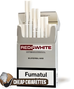 Red & White Shine Super Slims cigarettes, 20-stick hinge-lid box, front view