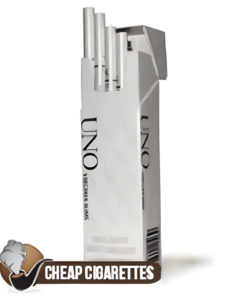 Virginia UNO White Super Slims cigarettes, 20-stick hinge-lid box, single pack front view