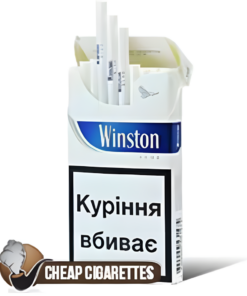 Winston Blue Super Slims cigarettes, 20-stick hinge-lid box, front view